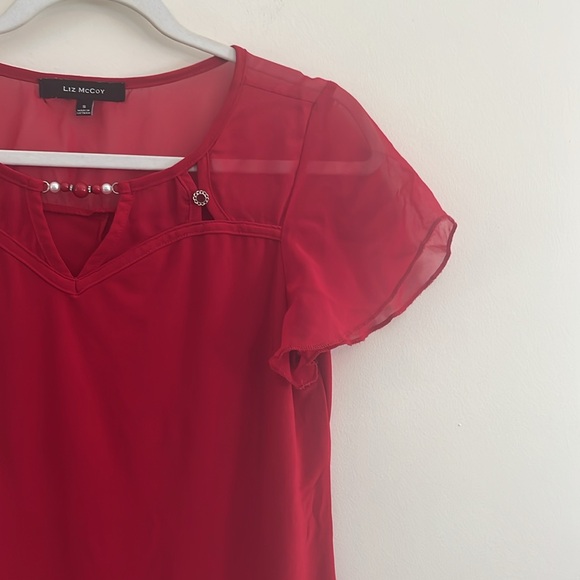 Vintage Liz McCoy Y2K‎ Flutter Sleeve Top Beaded Red Gothic S Romantic Sheer - Picture 3 of 6